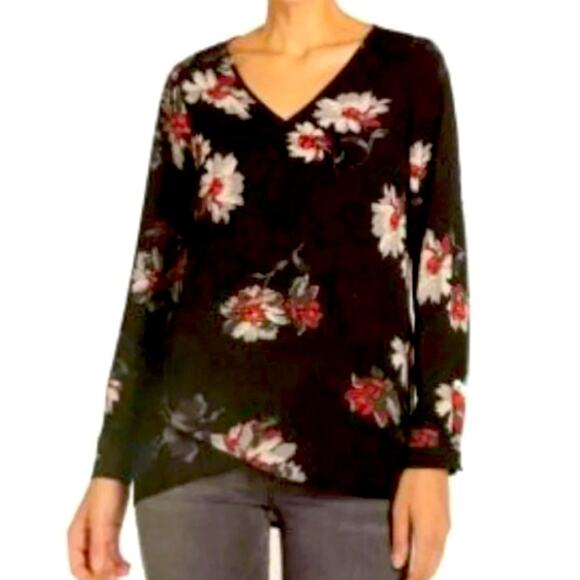 Chelsea & Theodore Tunic Top V-neck Chiffon Black Red Floral Women’s Size XL - Picture 11 of 11